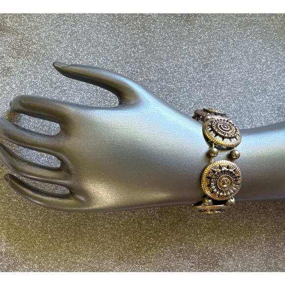 Grecian Style Medallion Stretchy Gold Tone Bracelet - Picture 2 of 4